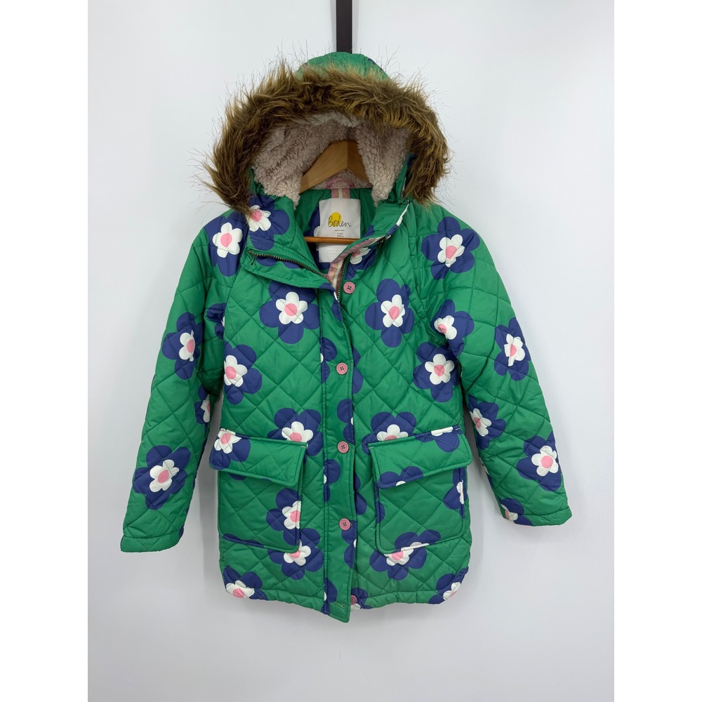 Boden Floral Quilted Puffer Jacket Kids 8-9Y Green Purple Faux Fur Hood
